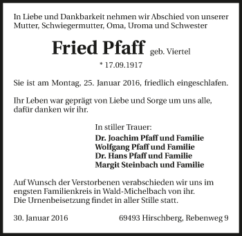 Traueranzeige von Fried Pfaff 