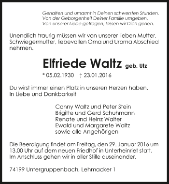 Traueranzeige von Elfriede Waltz 