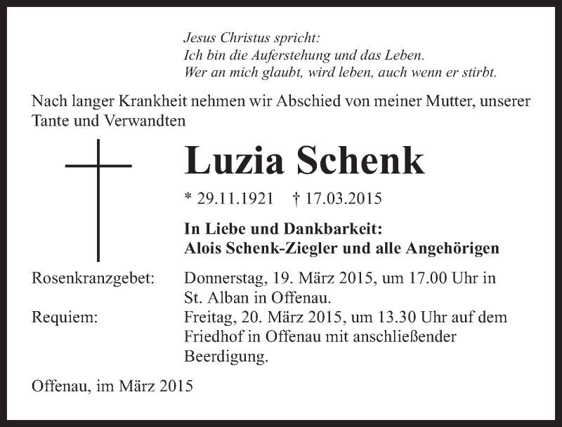  Traueranzeige für Luzia Schenk vom 19.03.2015 aus 