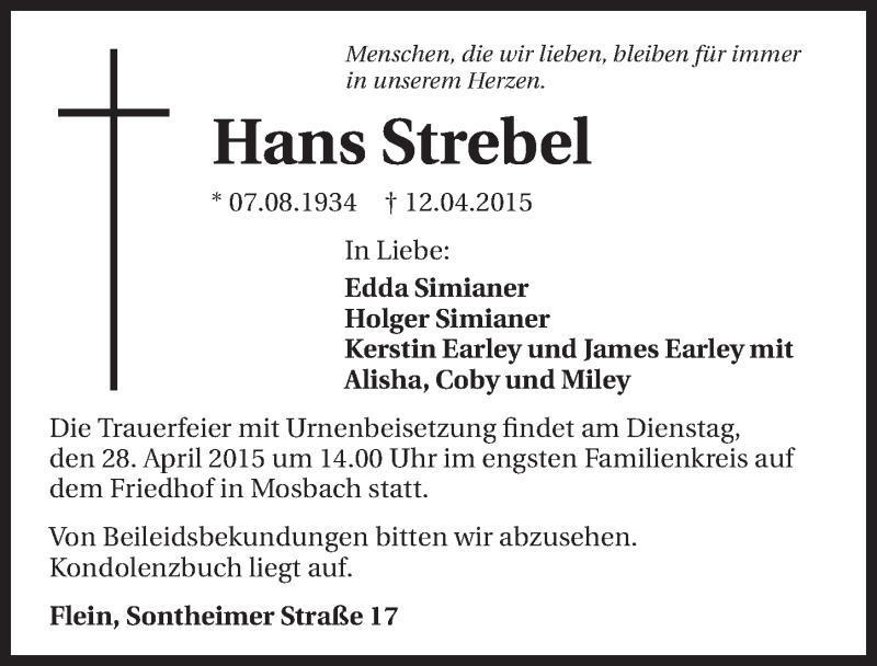  Traueranzeige für Hans Strebel vom 22.04.2015 aus 