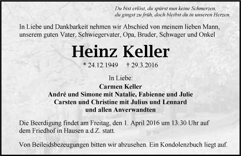  Traueranzeige für Heinz Keller vom 31.03.2016 aus 