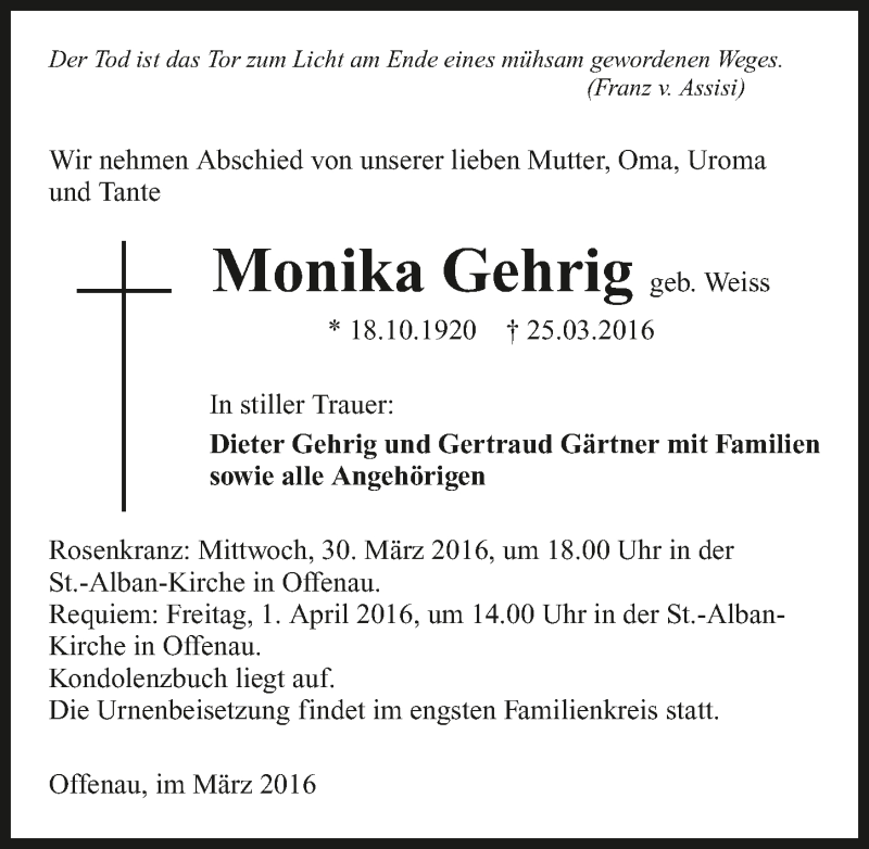  Traueranzeige für Monika Gehrig vom 30.03.2016 aus 