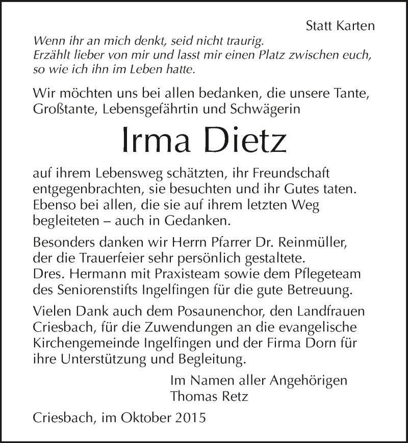  Traueranzeige für Irma Dietz vom 17.10.2015 aus 