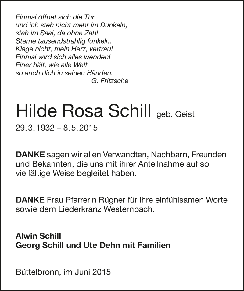  Traueranzeige für Hilde Rosa Schill vom 06.06.2015 aus 