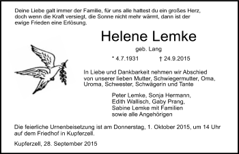 Traueranzeige von Helene Lemke 