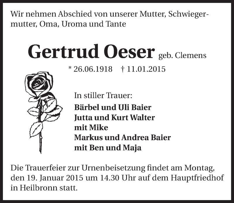  Traueranzeige für Gertrud Oeser vom 17.01.2015 aus 