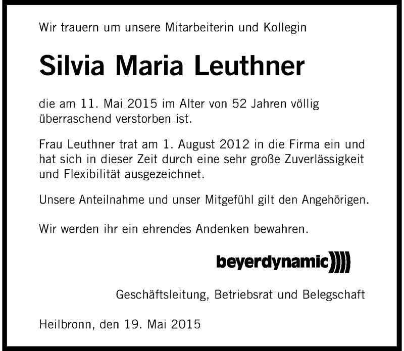  Traueranzeige für Silvia Maria Leuthner vom 20.05.2015 aus 
