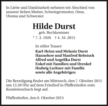 Traueranzeige von Hilde Durst 