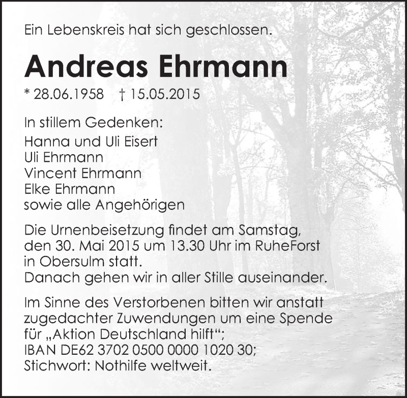  Traueranzeige für Andreas Ehrmann vom 23.05.2015 aus 