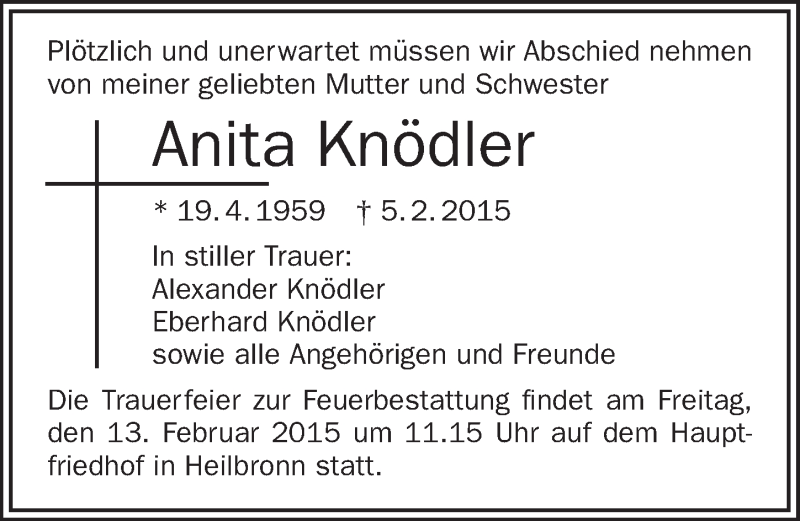  Traueranzeige für Anita Knödler vom 09.02.2015 aus 