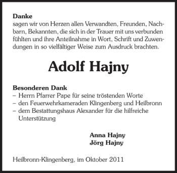 Traueranzeige von Adolf Hajny 