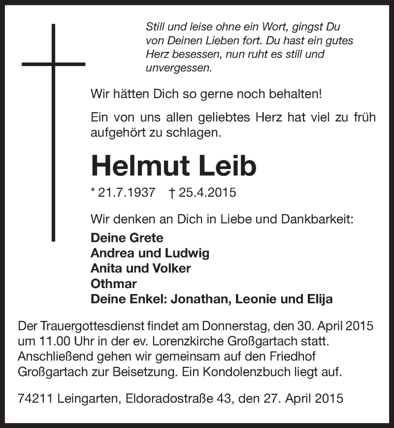  Traueranzeige für Helmut Leib vom 27.04.2015 aus 