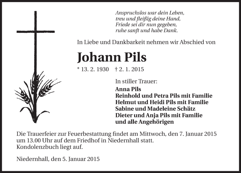  Traueranzeige für Johann Pils vom 05.01.2015 aus 