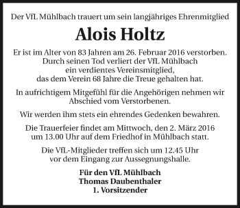 Traueranzeige von Alois Holtz 