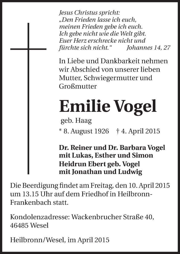  Traueranzeige für Emilie Vogel vom 08.04.2015 aus 