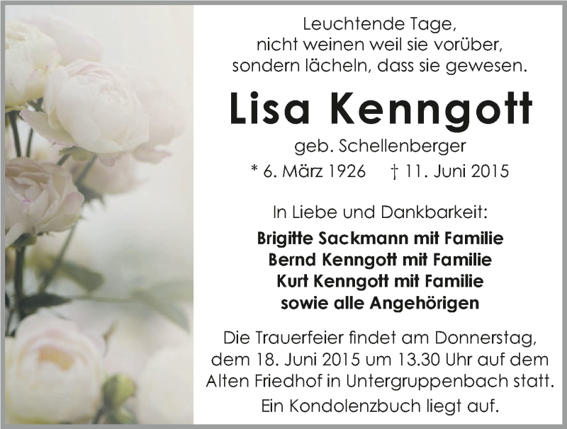  Traueranzeige für Lisa Kenngott vom 13.06.2015 aus 