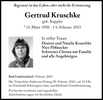 Traueranzeige von Gertrud Kruschke 