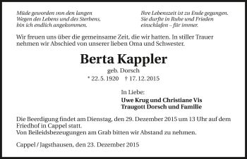 Traueranzeige von Berta Kappler 