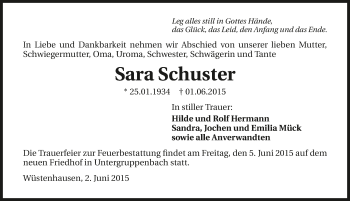 Traueranzeige von Sara Schuster 