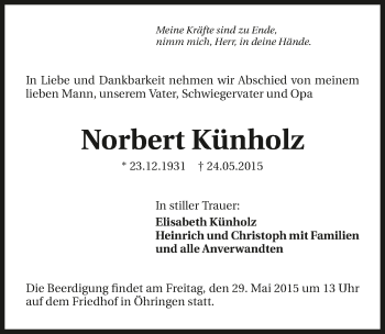Traueranzeige von Norbert Künholz 