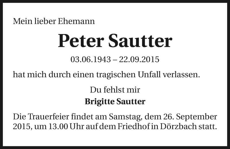  Traueranzeige für Peter Sautter vom 25.09.2015 aus 