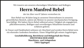 Traueranzeige von Manfred Rebel 