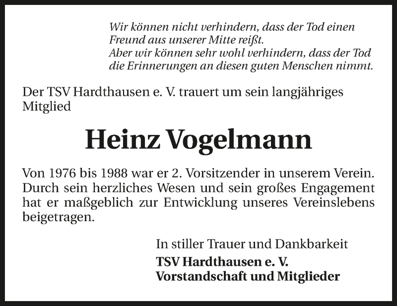  Traueranzeige für Heinz Vogelmann vom 02.09.2015 aus 