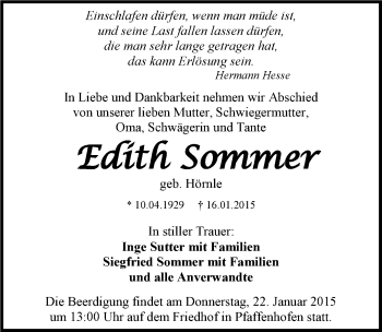 Traueranzeige von Edith Sommer 