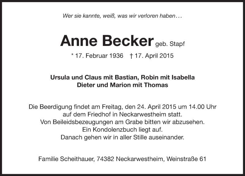  Traueranzeige für Anne Becker vom 23.04.2015 aus 