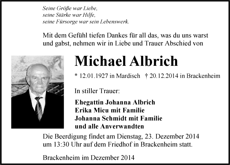  Traueranzeige für Michael Albrich vom 22.12.2014 aus 
