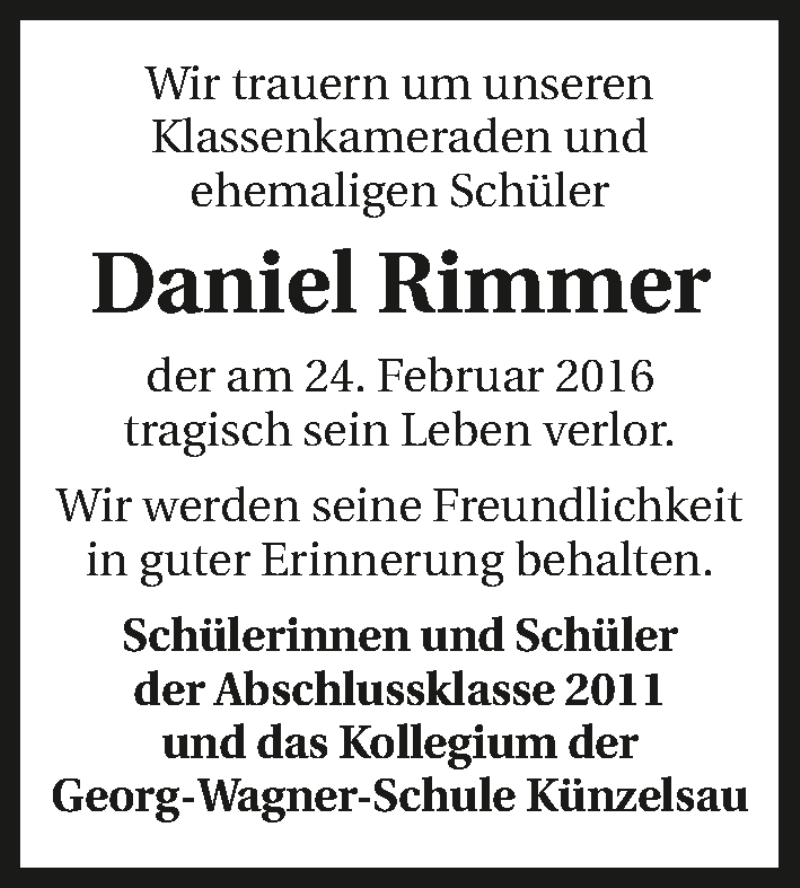  Traueranzeige für Daniel Rimmer vom 01.03.2016 aus 