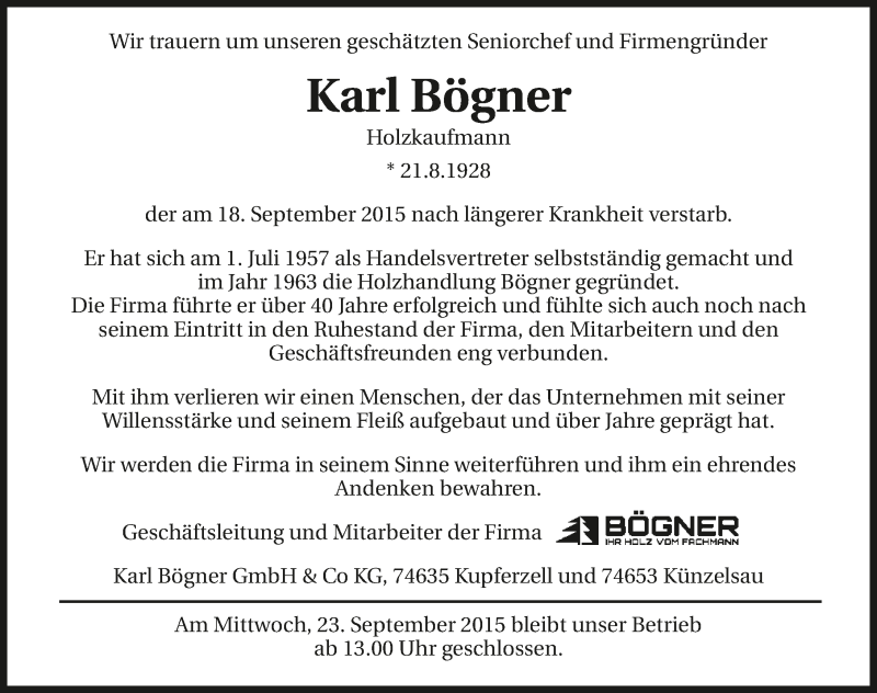  Traueranzeige für Karl Bögner vom 21.09.2015 aus 