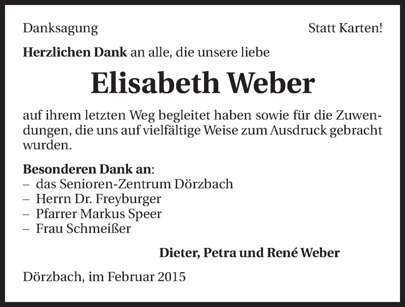  Traueranzeige für Elisabeth Weber vom 11.02.2015 aus 