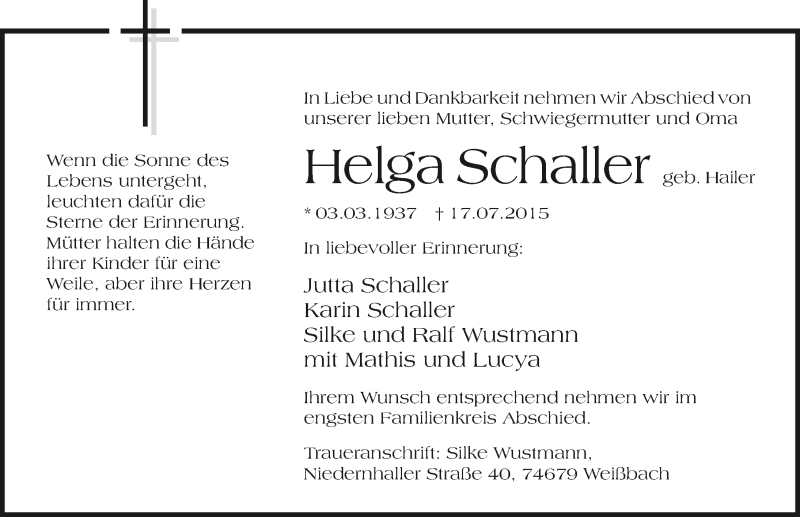  Traueranzeige für Helga Schaller vom 22.07.2015 aus 