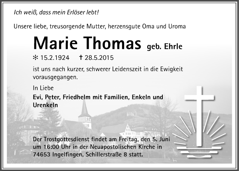  Traueranzeige für Marie Thomas vom 01.06.2015 aus 