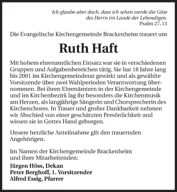 Traueranzeige von Ruth Haft 
