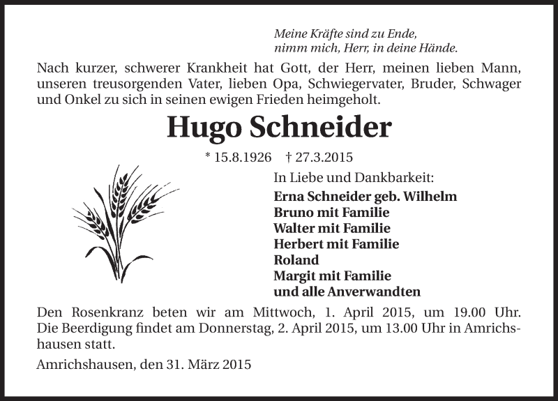  Traueranzeige für Hugo Schneider vom 31.03.2015 aus 