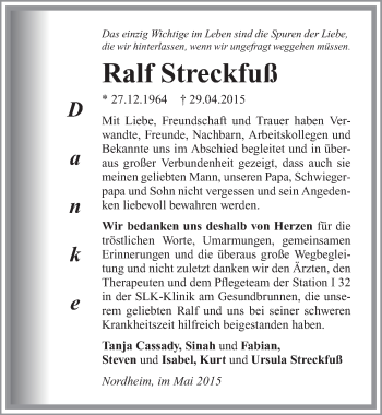 Traueranzeige von Ralf Streckfuß 