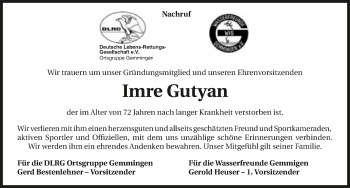 Traueranzeige von Imre Gutyan 
