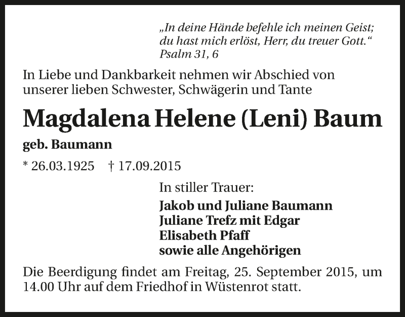  Traueranzeige für Magdalena Helene Baum vom 22.09.2015 aus 