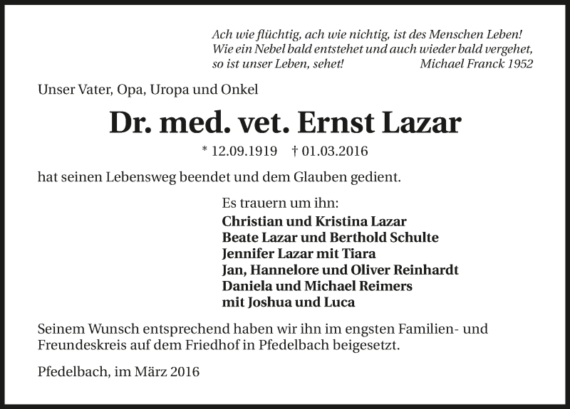  Traueranzeige für Ernst Lazar vom 11.03.2016 aus 