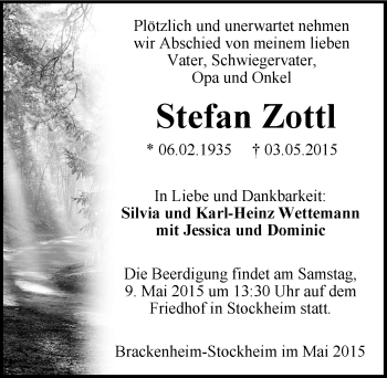 Traueranzeige von Stefan Zottl 