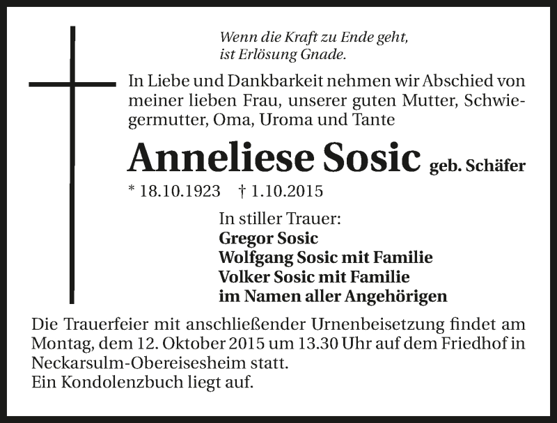  Traueranzeige für Anneliese Sosic vom 06.10.2015 aus 