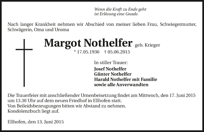  Traueranzeige für Margot Nothelfer vom 13.06.2015 aus 