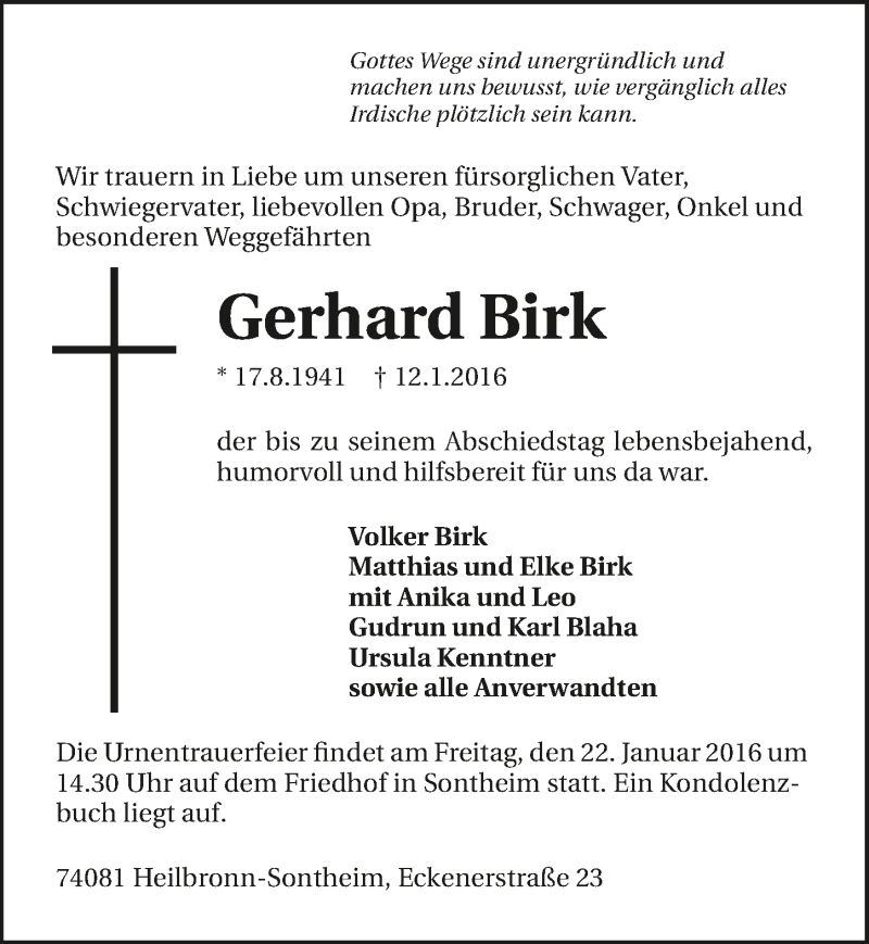  Traueranzeige für Gerhard Birk vom 19.01.2016 aus 