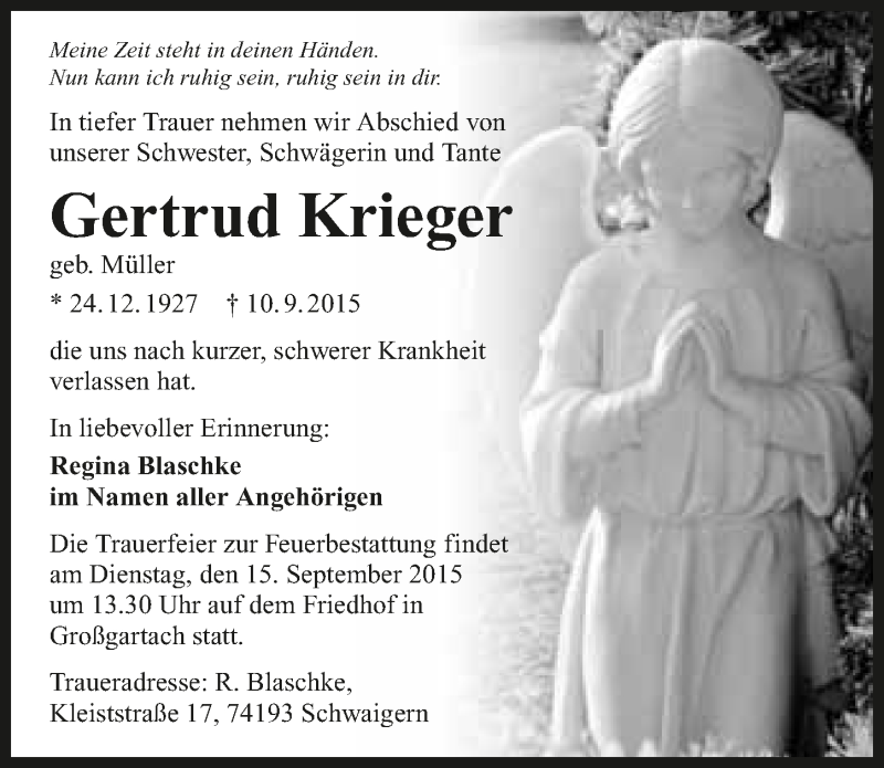  Traueranzeige für Gertrud Krieger vom 12.09.2015 aus 