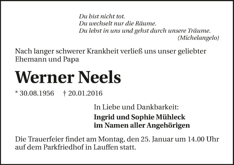  Traueranzeige für Werner Neels vom 23.01.2016 aus 