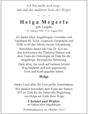 Traueranzeige von Helga Megerle 