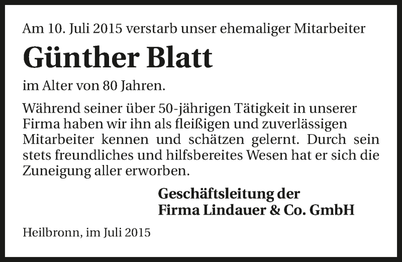  Traueranzeige für Günther Blatt vom 14.07.2015 aus 