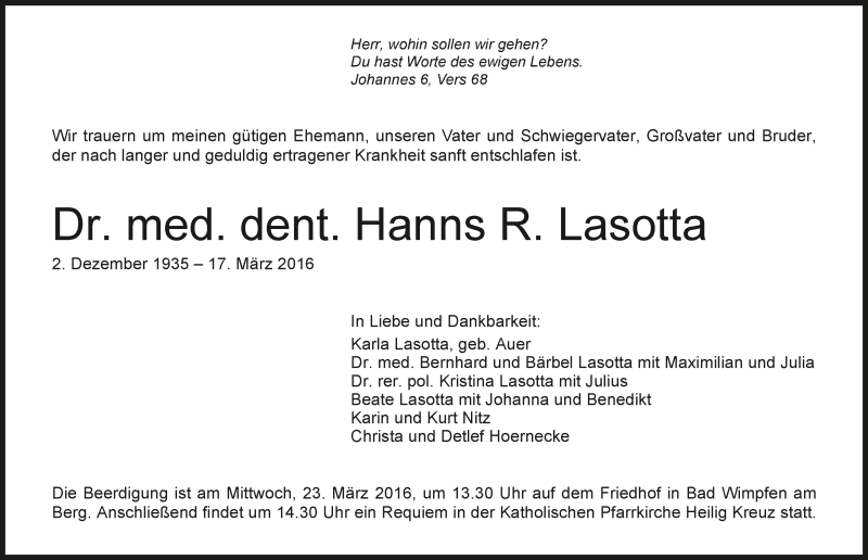  Traueranzeige für Hanns R. Lasotta vom 19.03.2016 aus 